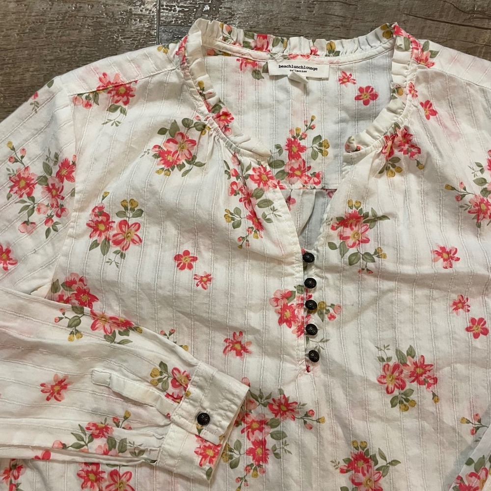 Beachlunchlounge Floral Dobby Stripe Cottagecore Cotton‎ Blouse Pink White XS
